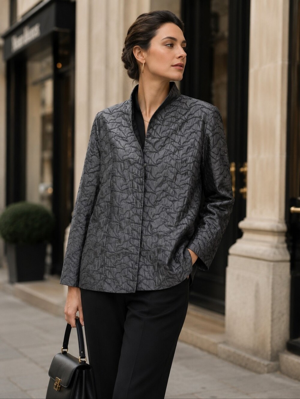 Eileen Fisher Womens S Black Jacket Coat Tussah Silk Textured Crinkled Luxury